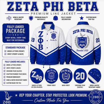 Royal Blue / White Zeta Phi Beta Custom Line Jacket with personalized front, back, and sleeve embroidery