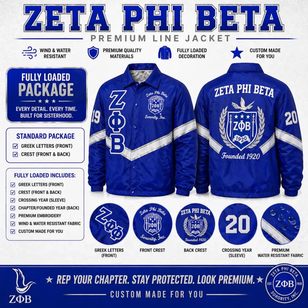 Royal Blue / White Zeta Phi Beta Custom Line Jacket with personalized front, back, and sleeve embroidery