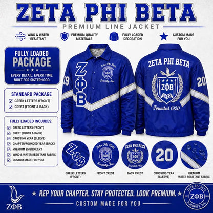 Royal Blue / White Zeta Phi Beta Custom Line Jacket with personalized front, back, and sleeve embroidery