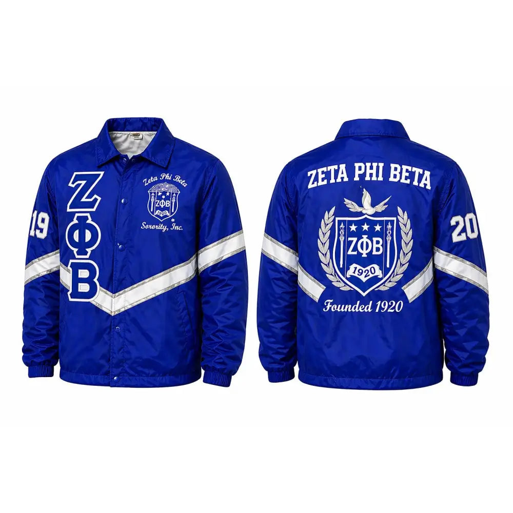 Royal Blue / White Zeta Phi Beta Custom Line Jacket with personalized front, back, and sleeve embroidery