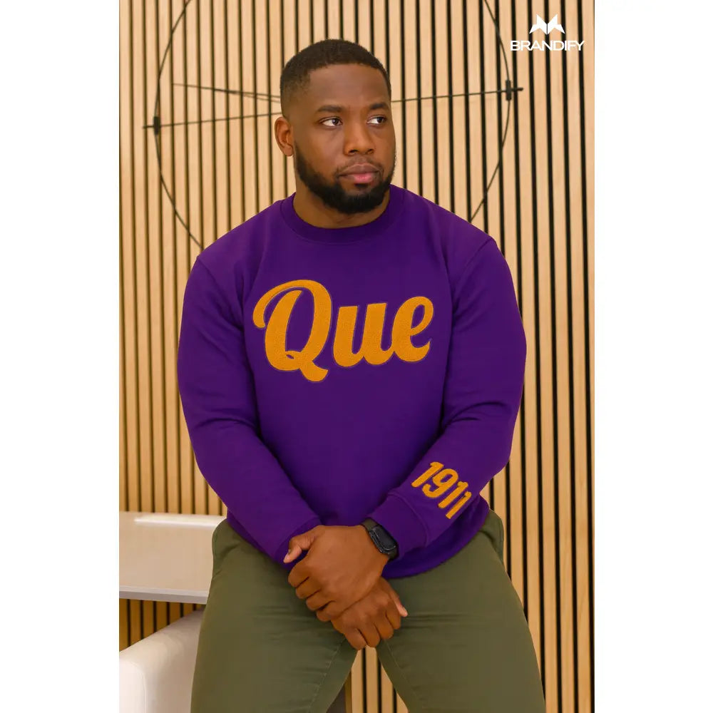 Custom Sleeve Design Omega Psi Phi Chenille Sweatshirt front view with raised chenille Greek lettering