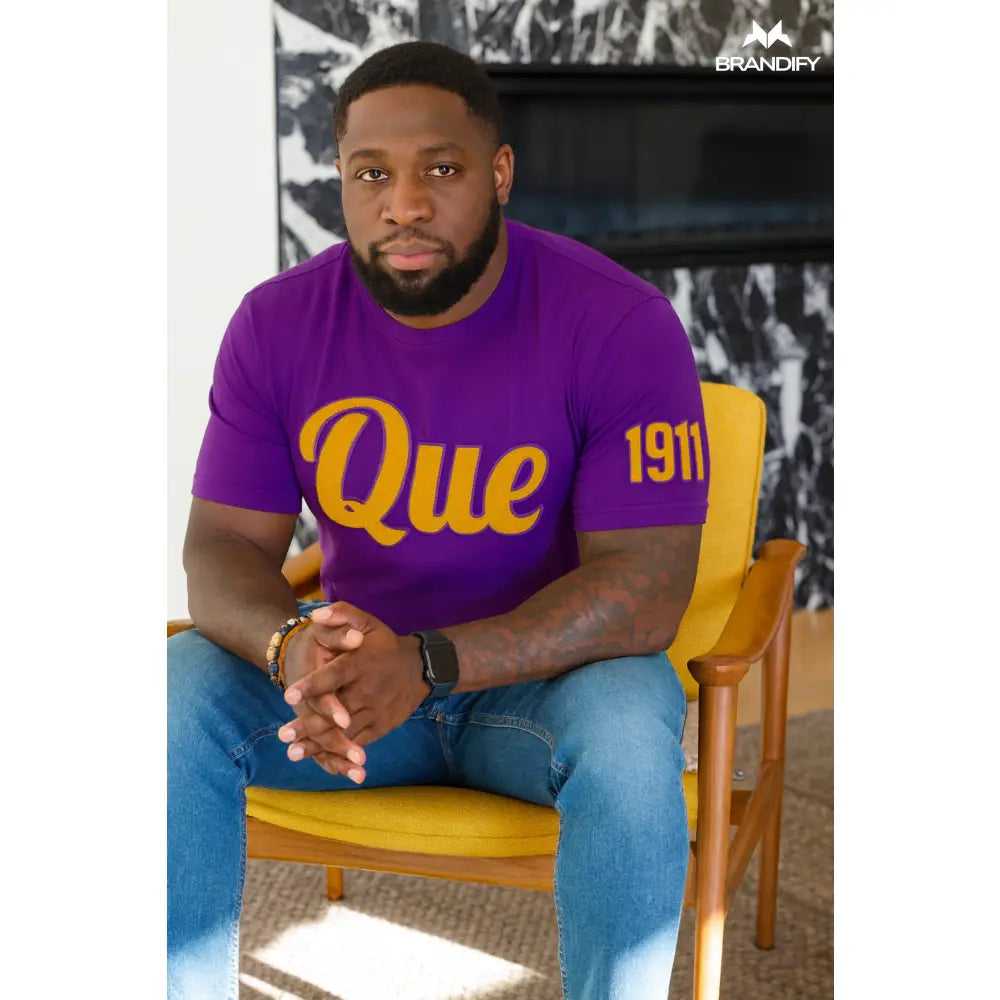 Custom Sleeve Design Omega Psi Phi Chenille Tee front view with raised chenille Greek lettering