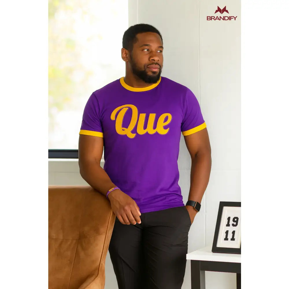 Custom Que Omega Psi Phi Chenille Tee front view with raised chenille Greek lettering