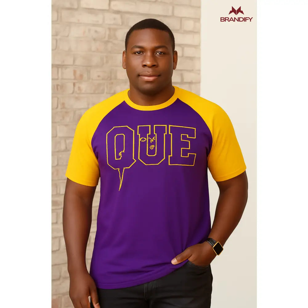 Custom Omega Psi Phi Raglan Chenille Tee front view with raised chenille Greek lettering