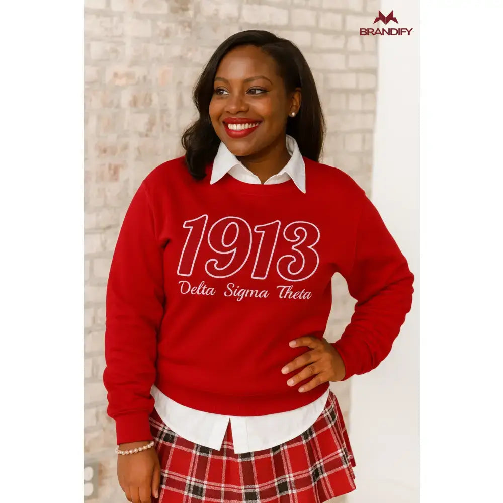 Custom Red Delta Sigma Theta Chenille Sweatshirt front view with personalized crimson and cream design