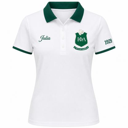 Iota Phi Lambda Sorority Polo Shirt | White and Emerald Green Custom – Personalized | Pirani9