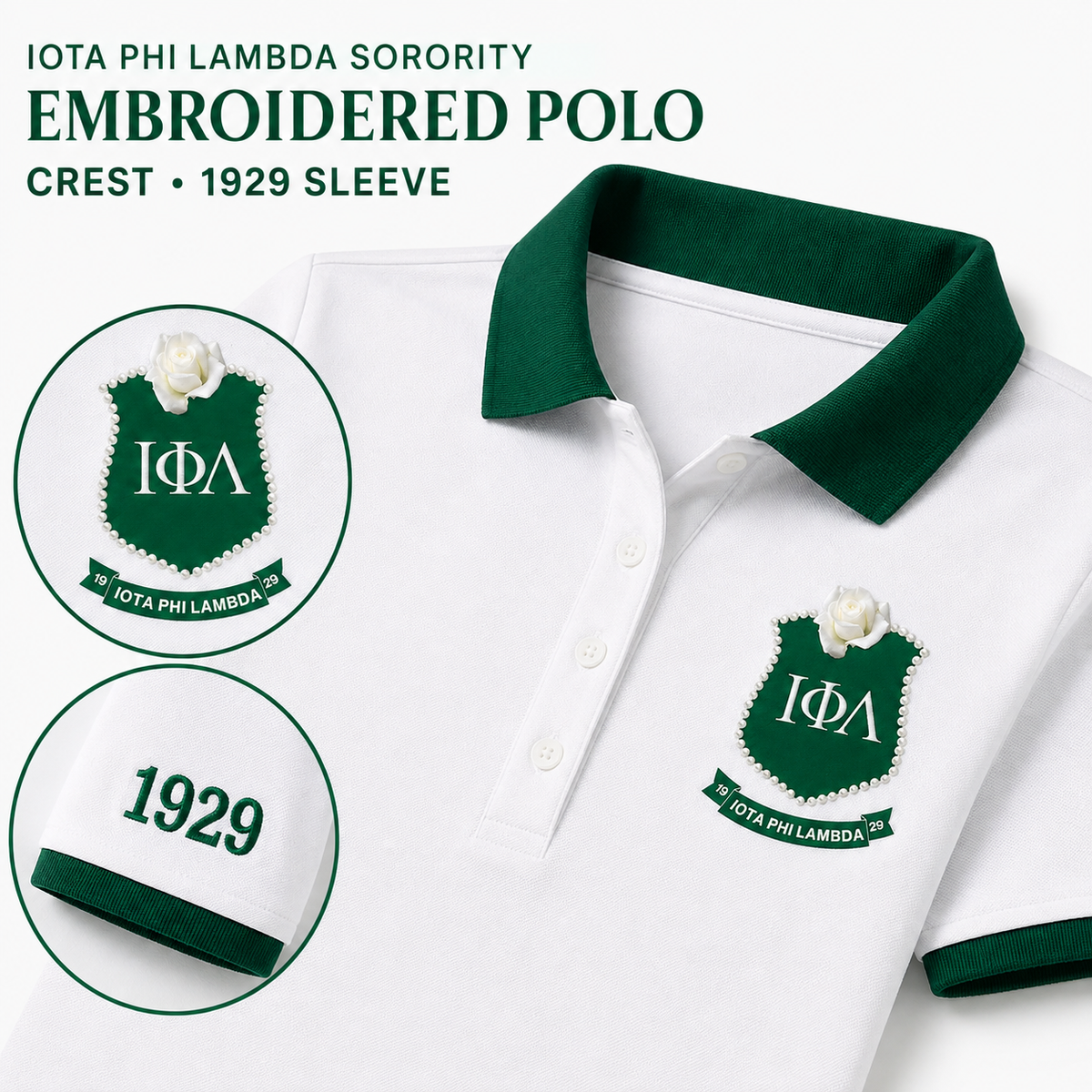 Iota Phi Lambda Sorority Polo Shirt | White and Emerald Green Custom – Personalized | Pirani9
