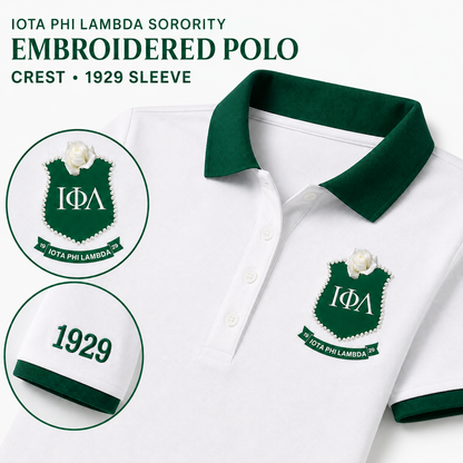 Iota Phi Lambda Sorority Polo Shirt | White and Emerald Green Custom – Personalized | Pirani9