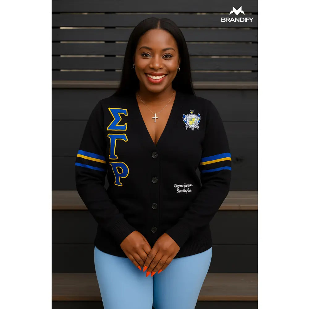 Custom Sigma Gamma Rho Cardigan back view with custom line name and number