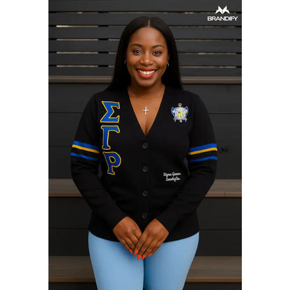 Custom Sigma Gamma Rho Cardigan back view with custom line name and number