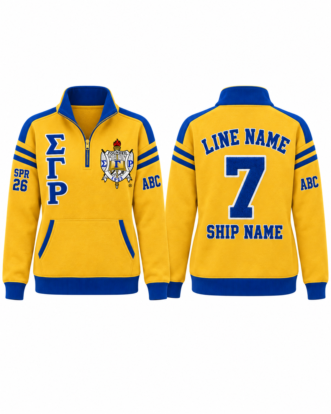 Front and back views of a Sigma Gamma Rho gold and royal blue custom quarter-zip