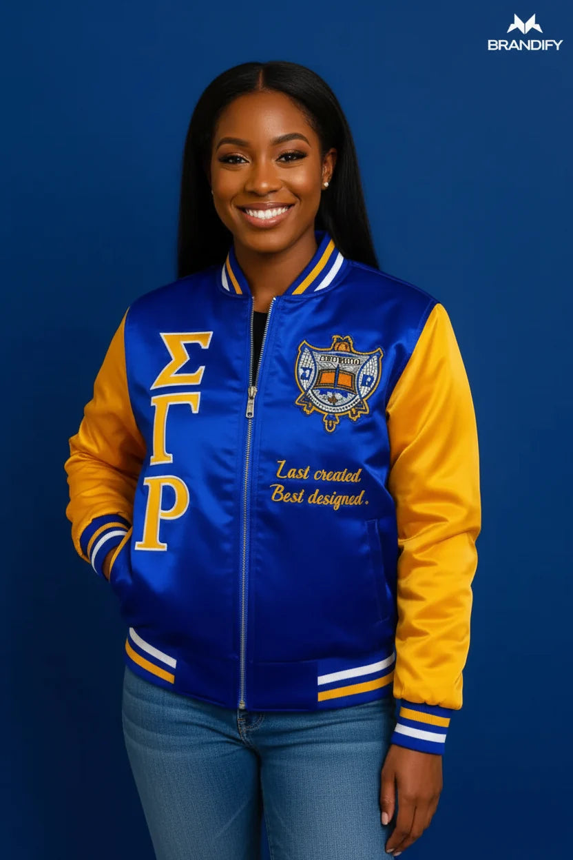 Model wearing a royal blue Sigma Gamma Rho satin bomber jacket with gold sleeves, ΣΓΡ letters, crest and personalized embroidery
