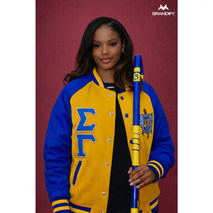 Custom Gold Sigma Gamma Rho Varsity Jacket back view with custom line name and number