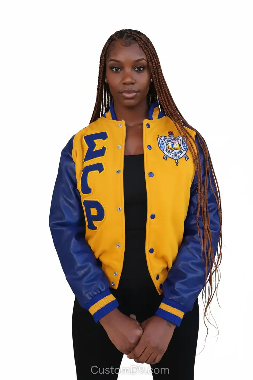 Custom Sigma Gamma Rho Varsity Jacket front view with personalized royal blue and gold design