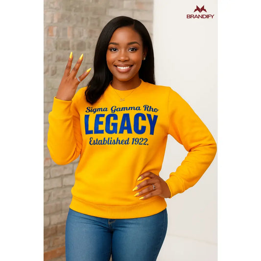 Custom Sigma Gamma Rho Chenille Sweatshirt Style 3 front view with personalized royal blue and gold design