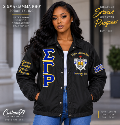 Sigma Gamma Rho black custom line jacket promotional model