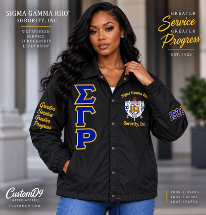 Sigma Gamma Rho black custom line jacket front model