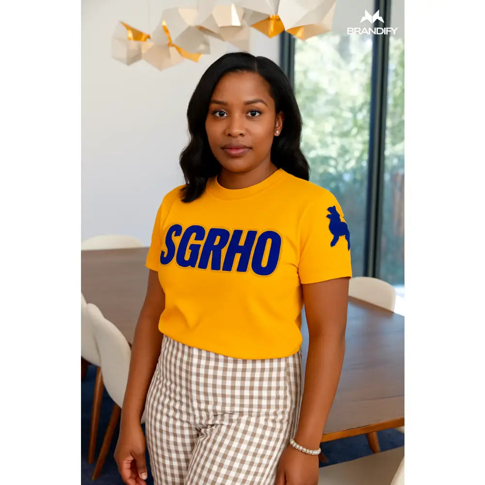 Custom Sigma Gamma Rho Chenille Tee Style 3 front view with personalized royal blue and gold design