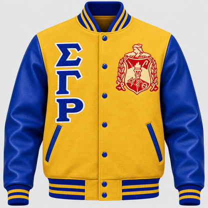 Sigma Gamma Rho reverse color classic varsity jacket with old gold wool body, royal blue leather sleeves, crest and stacked Sigma Gamma Rho letters