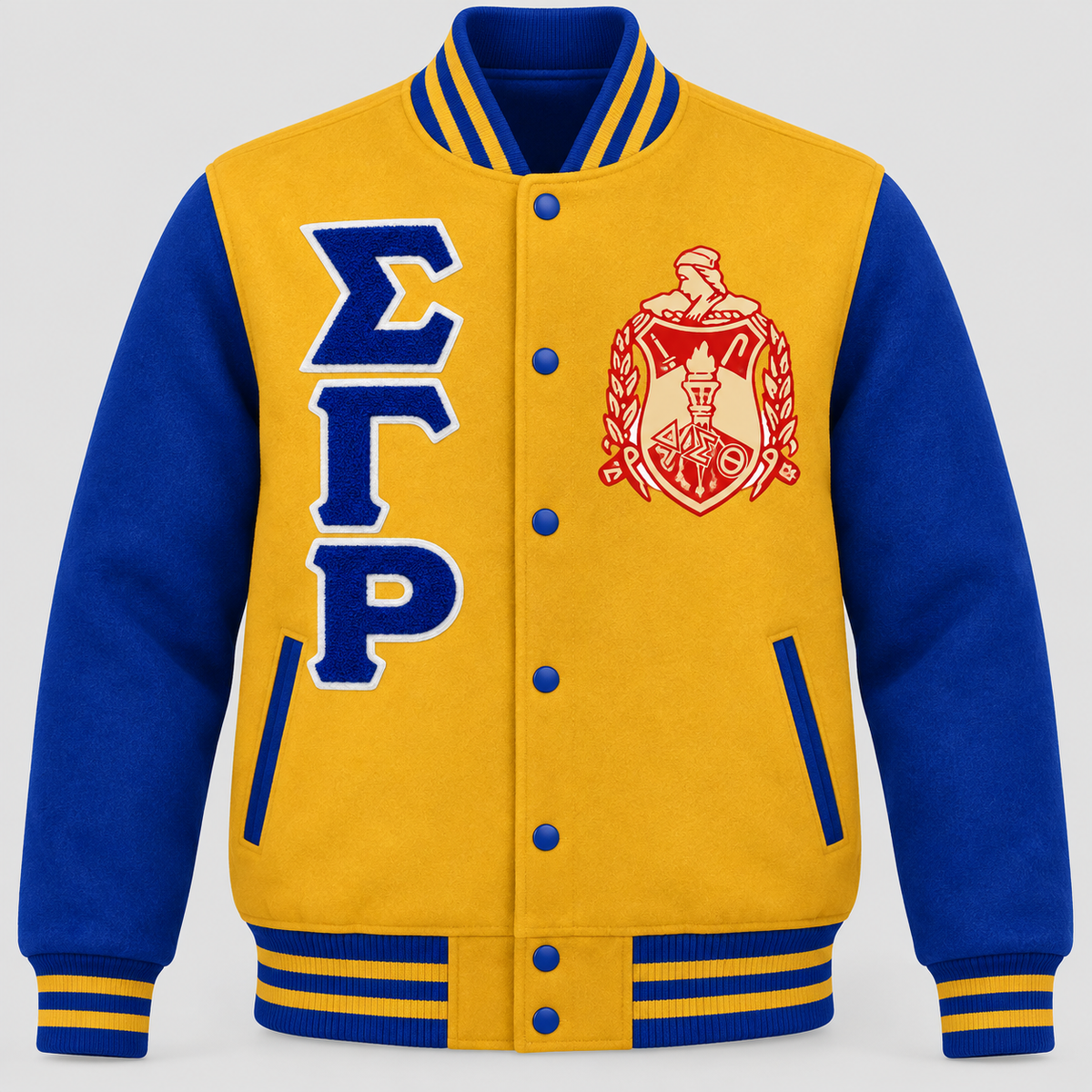Sigma Gamma Rho reverse color classic varsity jacket with old gold wool body, royal blue wool sleeves, crest and stacked Sigma Gamma Rho letters