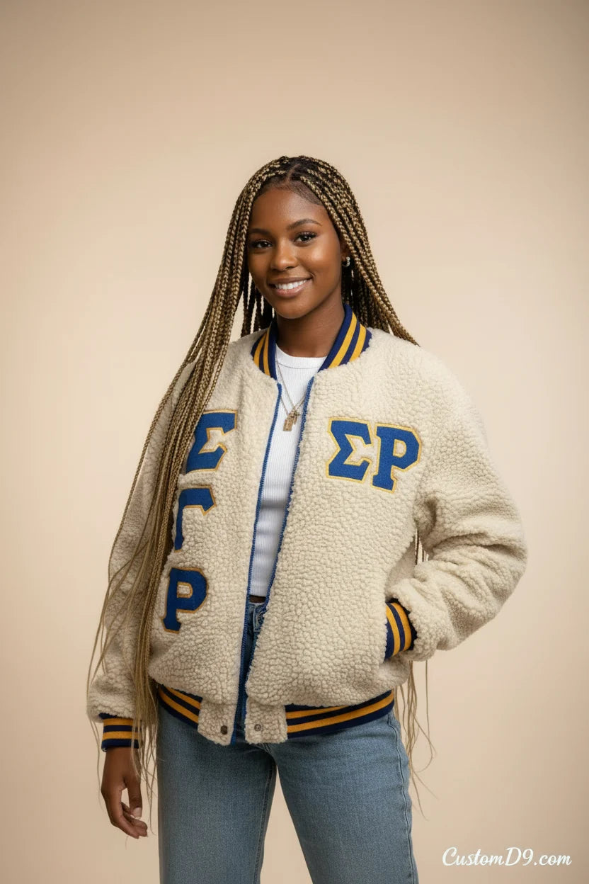 Custom Sigma Gamma Rho Sorority Apparel front view with personalized royal blue and gold design