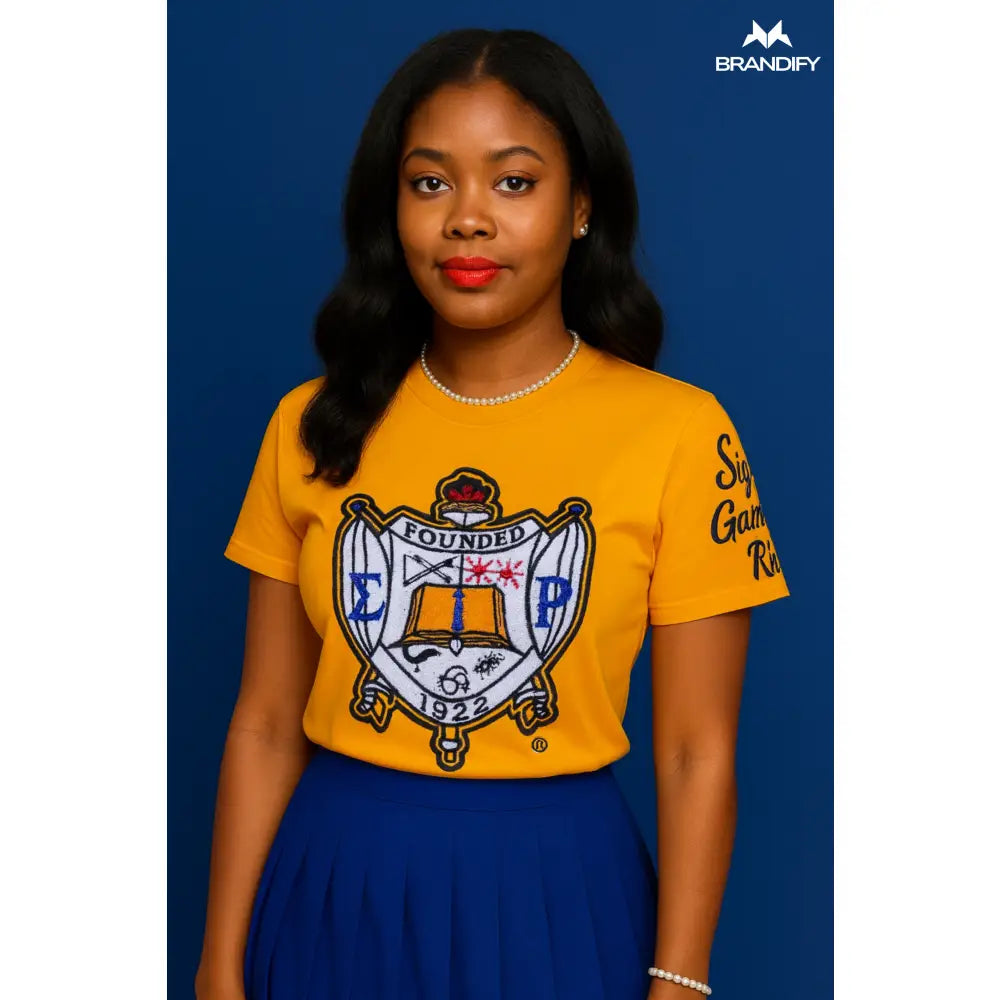 Custom Sigma Gamma Rho Chenille Tee Style 2 front view with personalized royal blue and gold design