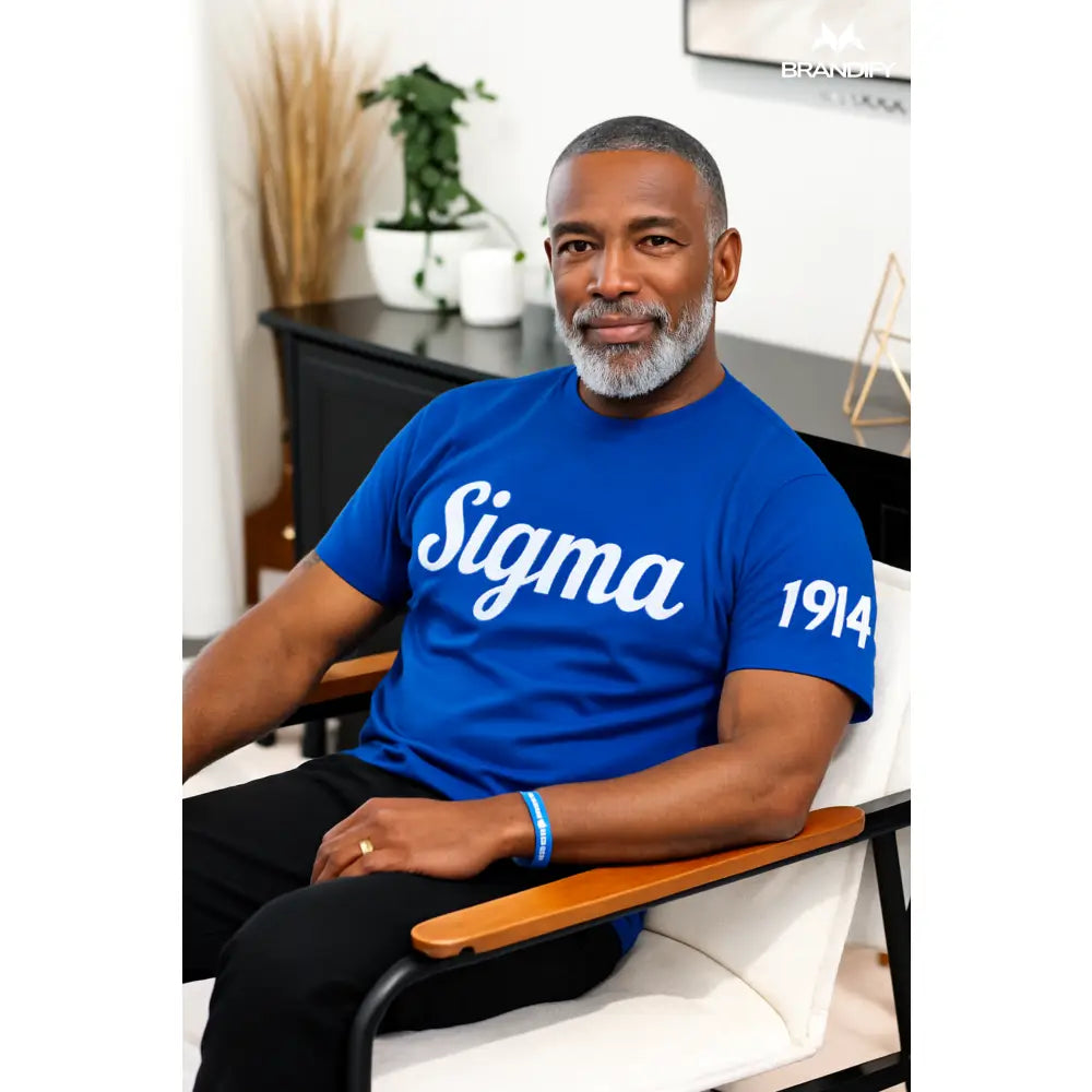 Custom Sleeve Design Phi Beta Sigma Chenille Tee front view with raised chenille Greek lettering