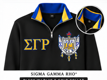 Sigma Gamma Rho black quarter-zip sweatshirt with royal blue and gold contrast collar, Greek letters and crest
