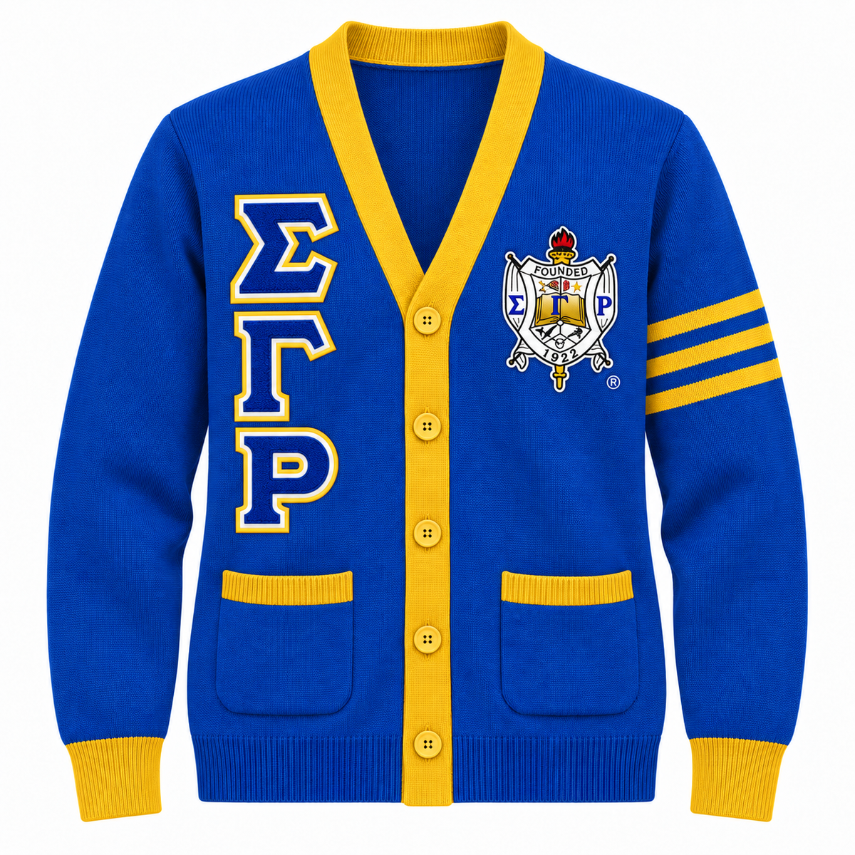Sigma Gamma Rho royal blue cardigan with gold trim, stacked Greek letters and crest