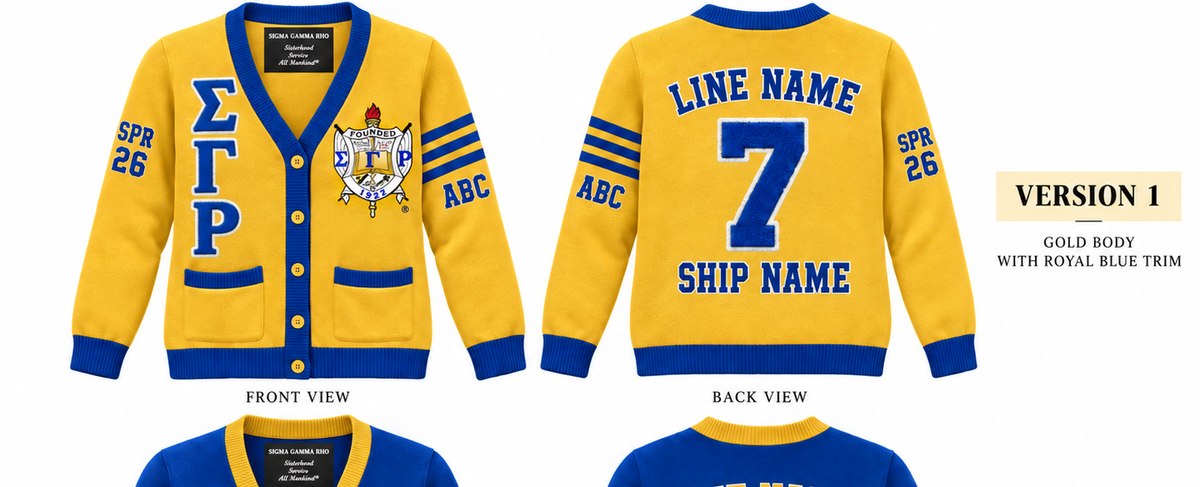 Sigma Gamma Rho gold and royal blue cardigan shown front and back with sample line personalization