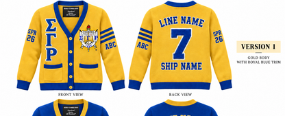 Sigma Gamma Rho gold and royal blue cardigan shown front and back with sample line personalization