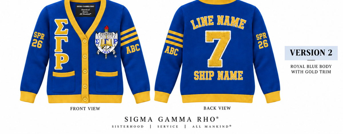 Sigma Gamma Rho royal blue and gold cardigan shown front and back with sample line personalization