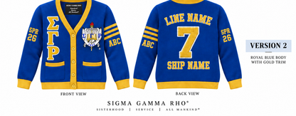 Sigma Gamma Rho royal blue and gold cardigan shown front and back with sample line personalization