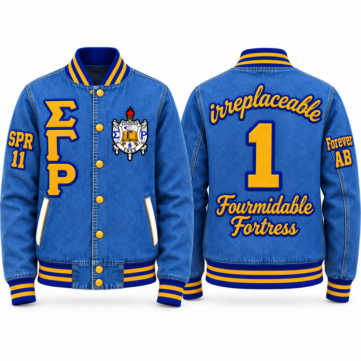 Custom Sigma Gamma Rho fully embroidered denim varsity jacket with front back and sleeve embroidery