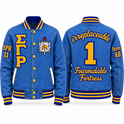 Custom Sigma Gamma Rho fully embroidered denim varsity jacket with front back and sleeve embroidery