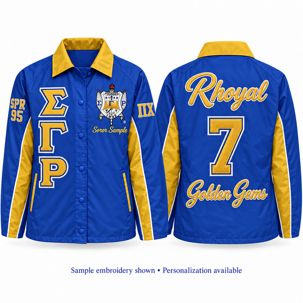 Front and back views of a royal blue and gold Sigma Gamma Rho line jacket with sample personalization