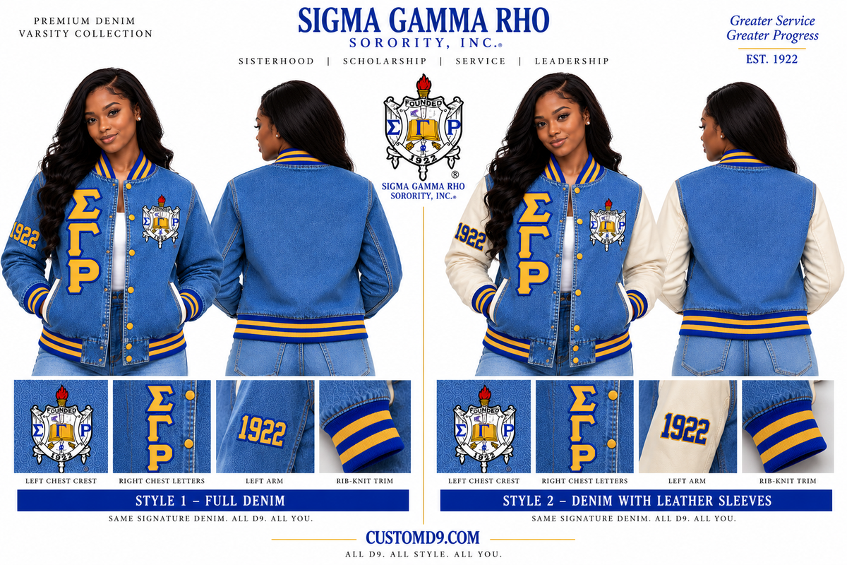Sigma Gamma Rho denim varsity jacket with cream leather sleeves and embroidered Greek details