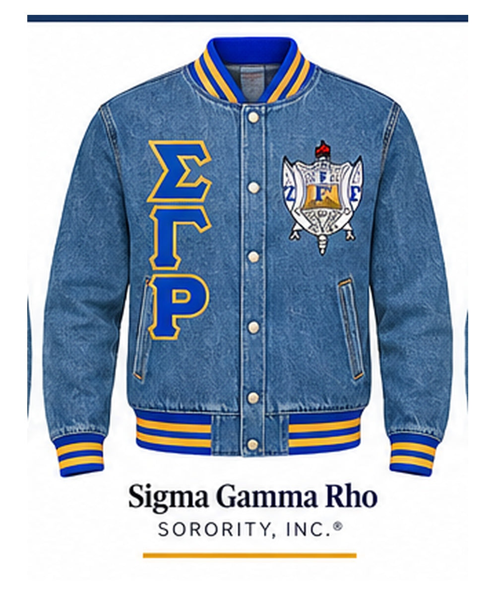 Medium-blue Sigma Gamma Rho full-denim varsity jacket with denim sleeves, royal blue and gold trim, crest, and stacked Greek letters