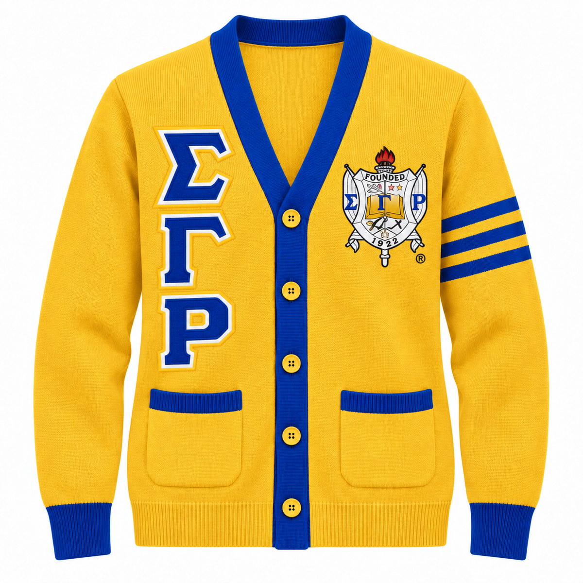 Sigma Gamma Rho gold cardigan with royal blue trim, stacked Greek letters and crest