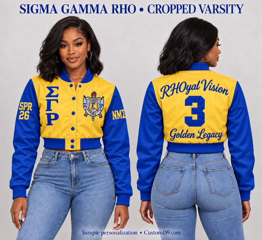 Sigma Gamma Rho gold and royal blue cropped satin varsity jacket, front and back model views with sample custom embroidery