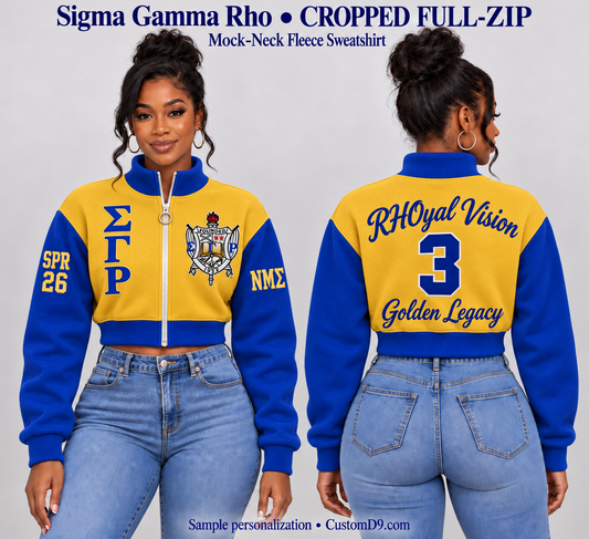 Sigma Gamma Rho gold and royal blue cropped mock-neck full-zip sweatshirt, front and back model views with sample custom embroidery
