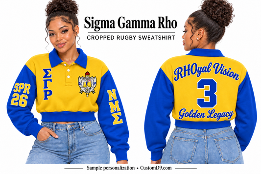 Sigma Gamma Rho gold and royal blue cropped rugby sweatshirt, front and back model views with sample chest, sleeve, and back embroidery