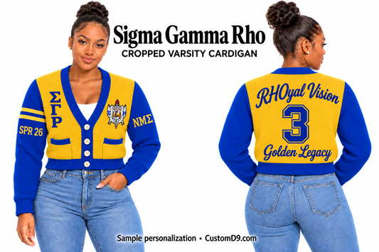 Sigma Gamma Rho gold and royal blue cropped varsity cardigan, front and back model views with sample chest, sleeve, and back embroidery
