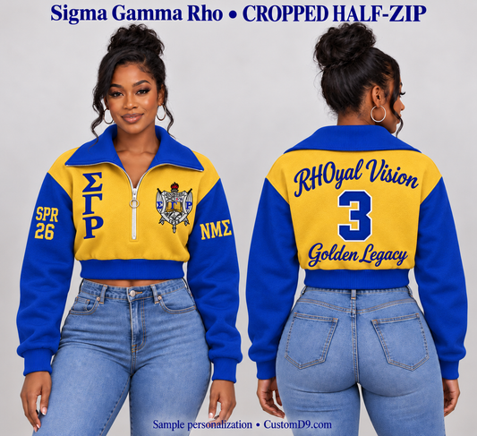 Sigma Gamma Rho gold and royal blue cropped wide-collar half-zip sweatshirt, front and back model views with sample custom embroidery