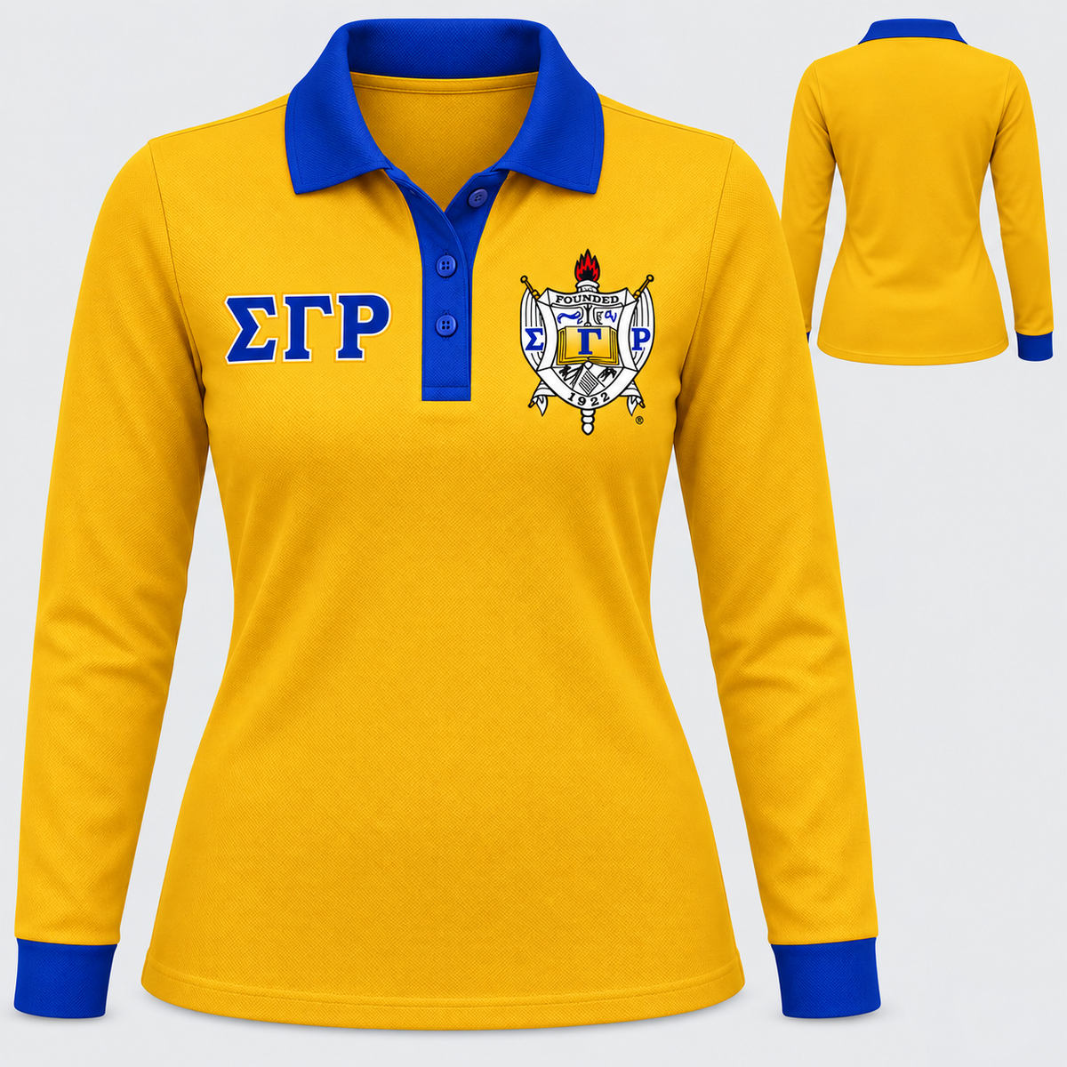 Sigma Gamma Rho gold long-sleeve polo with royal blue collar, placket, and cuffs, front and back views