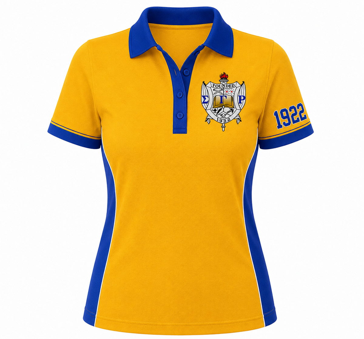 Sigma Gamma Rho gold panel polo with royal blue collar, side panels, crest, and 1922 sleeve embroidery