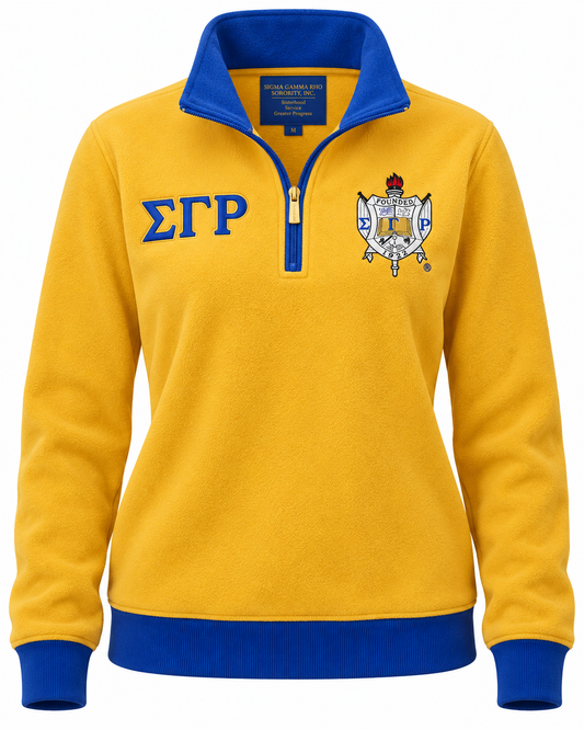 Sigma Gamma Rho gold and royal blue quarter-zip sweatshirt with Greek letters and crest