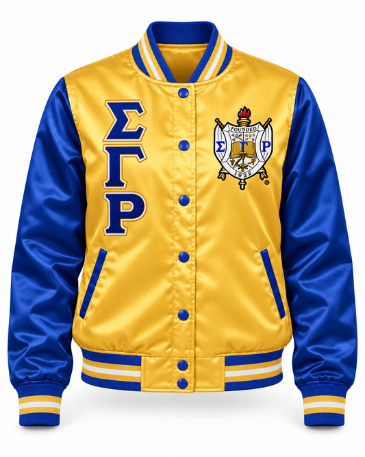 Front view of Sigma Gamma Rho gold satin bomber jacket with royal blue sleeves, stacked letters and crest