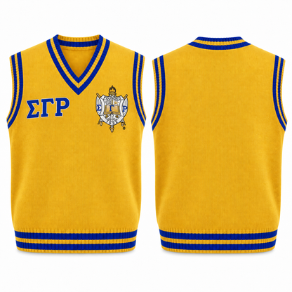 Sigma Gamma Rho gold and royal blue varsity sweater vest with crest and Greek letters, front and back views