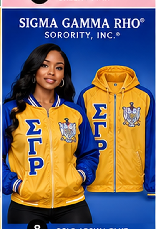Sigma Gamma Rho gold and royal blue embroidered windbreaker with Sigma Gamma Rho letters and crest